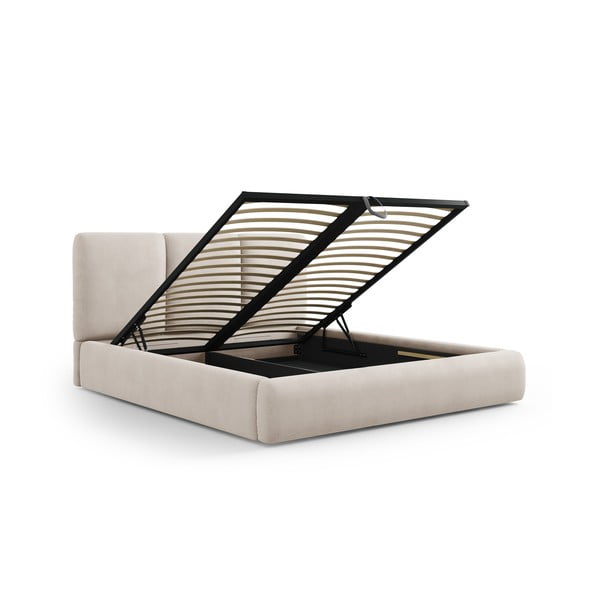 Bēša polsterēta divvietīga gulta ar veļas kasti un redelēm 140x200 cm Brody – Mazzini Beds-image-2