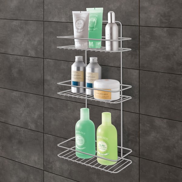 Spīdīgas sudraba krāsas tērauda piekarināms vannas istabas plaukts ar uzstādīšanu bez urbšanas Luxy – Metaltex-image-1