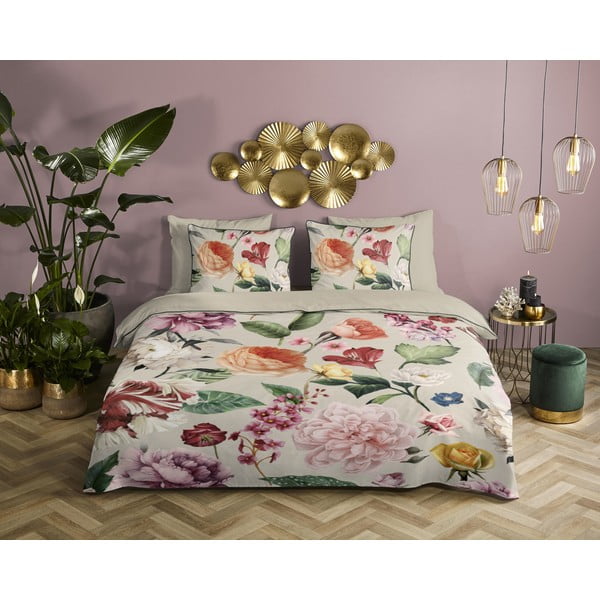 Bēša divguļamā gultas veļa no kokvilnas satīna 200x220 cm Fiori – Descanso-image-1