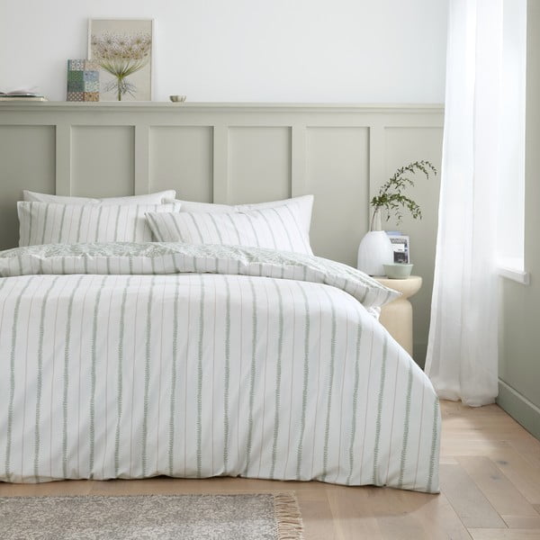 Balta/zaļa vienguļamā gultas veļa no kokvilnas perkala 135x200 cm Scallop Floral – Bianca-image-2