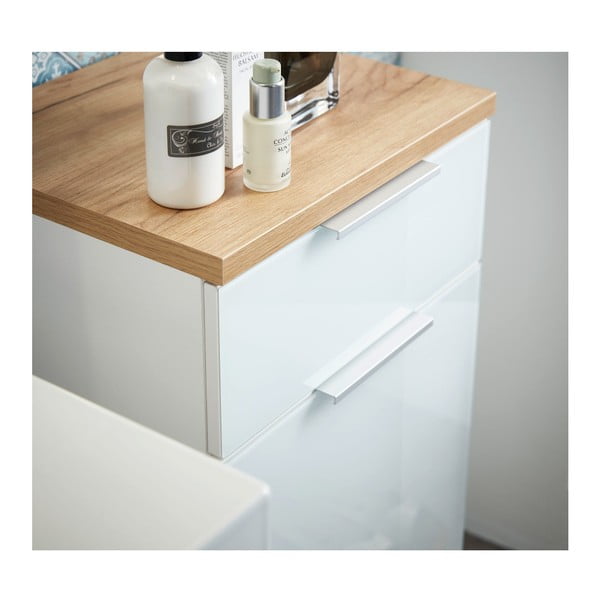 Balts dabīga toņa zems vannas istabas skapītis ar ozolkoka imitāciju 39x86 cm Pescara – Germania-image-3