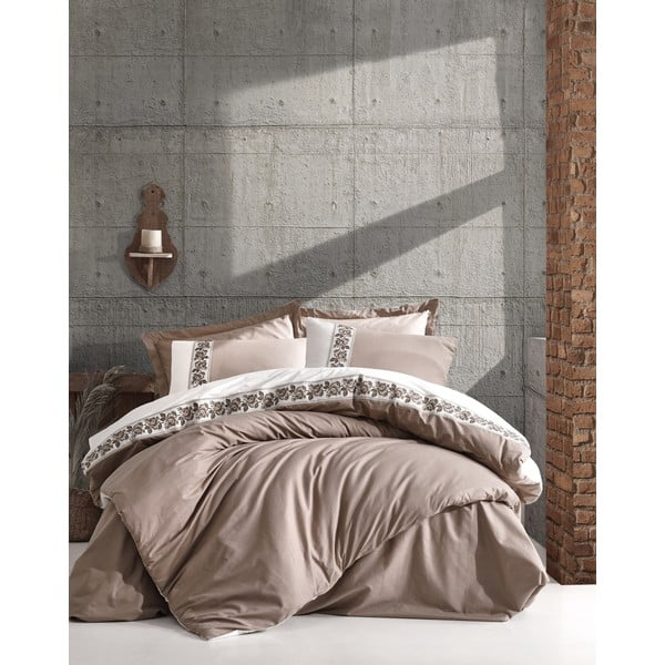 Bēša kokvilnas gultasveļa ar palagu Cotton Box Rosinda, 200 x 220 cm