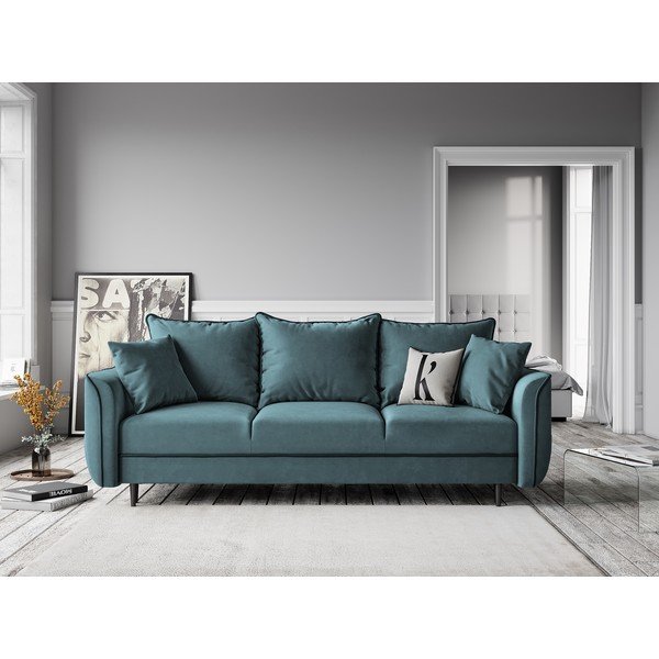 Zilganzaļš samta izvelkamais dīvāns ar veļas kasti Kooko Home Basso-image-4