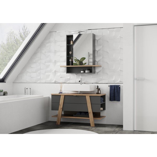 Tumši pelēks piekaramais vannas istabas skapītis ar spoguli un ozolkoka imitāciju 90x91 cm Avellino – Germania-image-4