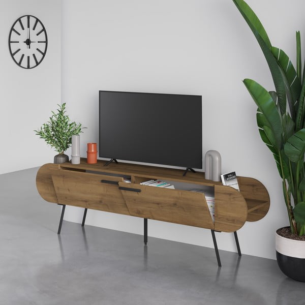 Dabīga toņa TV galdiņš ar riekstkoka imitāciju 195x57 cm Saluso – Marckeric-image-1
