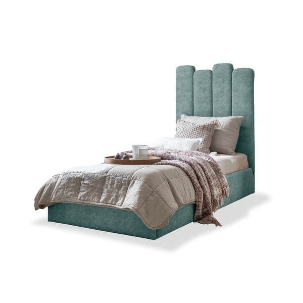Tirkīzzila mīksta vienvietīga gulta ar uzglabāšanas vietu un režģi 90x200 cm Dreamy Aurora – Miuform
