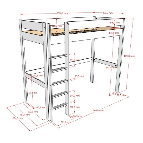 Balta paaugstināta bērnu gulta ar redelēm 90x200 cm Primo – Vipack-image-2