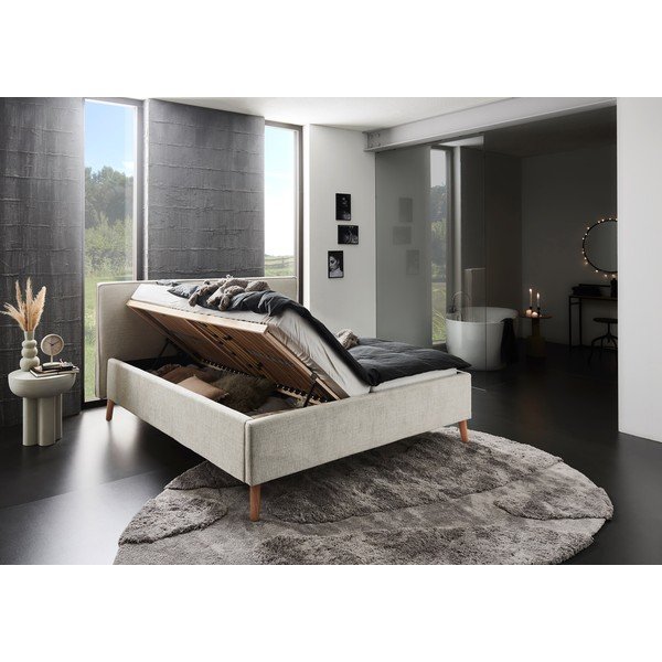 Krēmkrāsas polsterēta divvietīga gulta ar veļas kasti ar redelēm 160x200 cm Riva – Meise Möbel-image-3