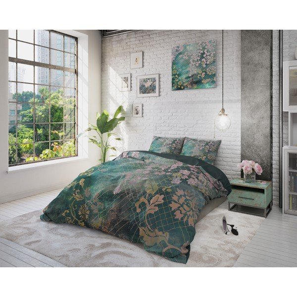 Zaļa kokvilnas vienvietīga gultasveļa Pure Cotton Tiran Flower, 140 x 200 cm-image-4