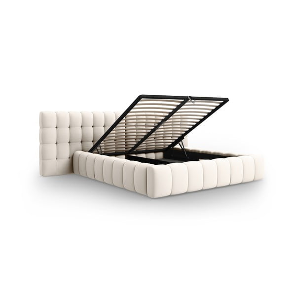 Krēmkrāsas polsterēta divvietīga gulta ar veļas kasti un redelēm 180x200 cm Mamaia – Micadoni Home-image-3