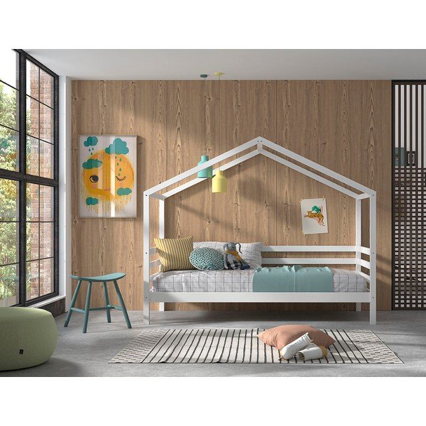 Balta priedes masīvkoka bērnu gulta mājas formā ar redelēm 90x200 cm Dallas – Vipack-image-1