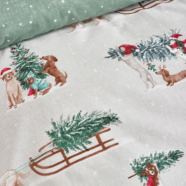 Zaļa/dabīga toņa divguļamā flaneļa gultas veļa 200x200 cm Brushed Christmas Dogs – Catherine Lansfield-image-4
