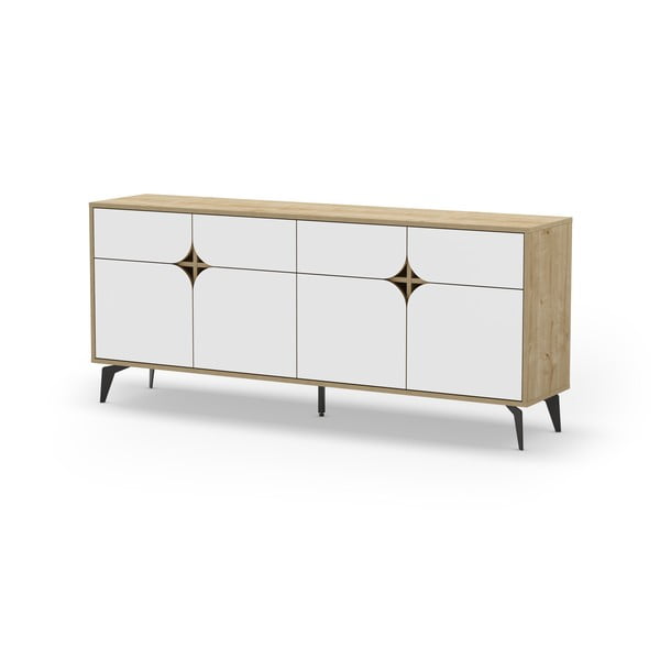 Balta/dabīga toņa zema kumode ar ozolkoka imitāciju 185x79 cm Nola – Marckeric-image-2