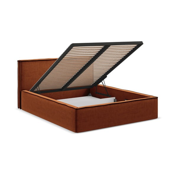 Terakotas oranža polsterēta divvietīga gulta ar veļas kasti un redelēm 160x200 cm Anani – Makamii-image-2