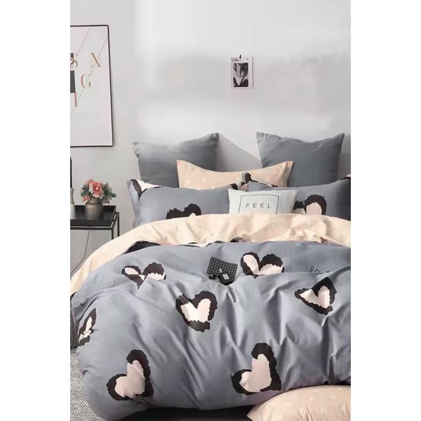 Pelēka/bēša divguļamā/īpaši gara gultas veļa no ranforce kokvilnas ar palagu 200x220 cm Double Heart – Mila Home