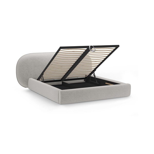 Gaiši pelēka polsterēta divvietīga gulta ar veļas kasti un redelēm 200x200 cm Ovalo – Micadoni -image-2