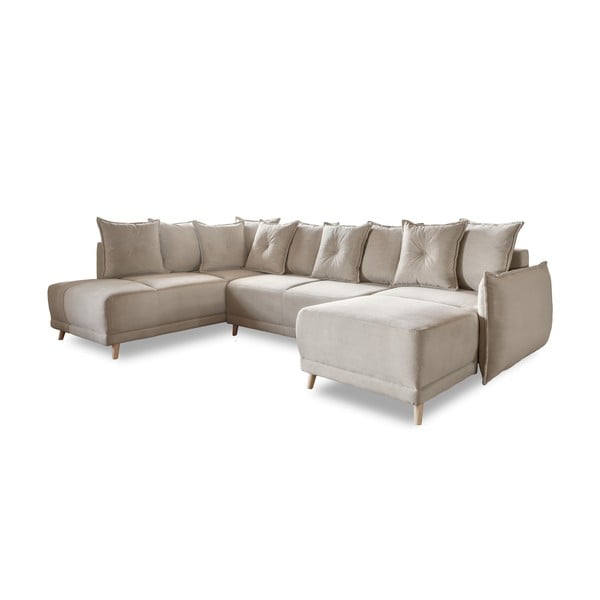 Bēšs velveta salokāms stūra dīvāns (ar kreiso stūri/U veida) Lazy Lukka – Miuform