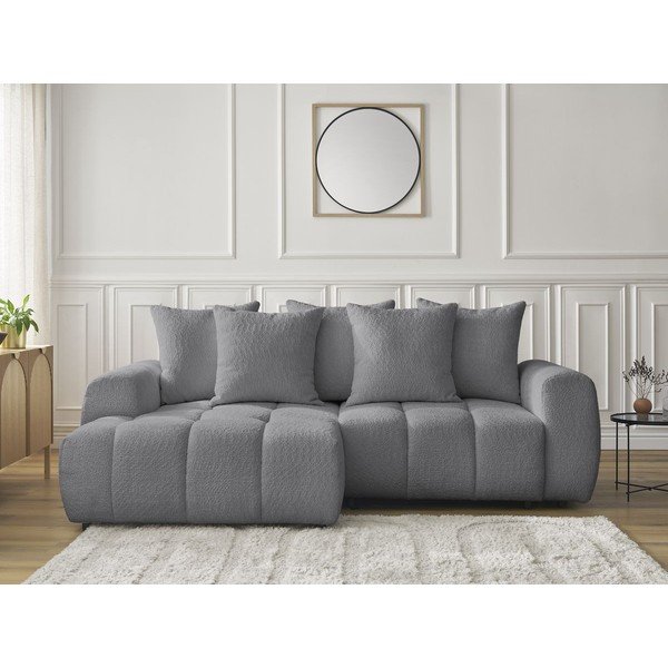 Pelēks salokāms stūra dīvāns no buklē auduma ar uzglabāšanas vietu (ar kreiso stūri/ar zvilni) Roxelane – Bobochic Paris-image-1