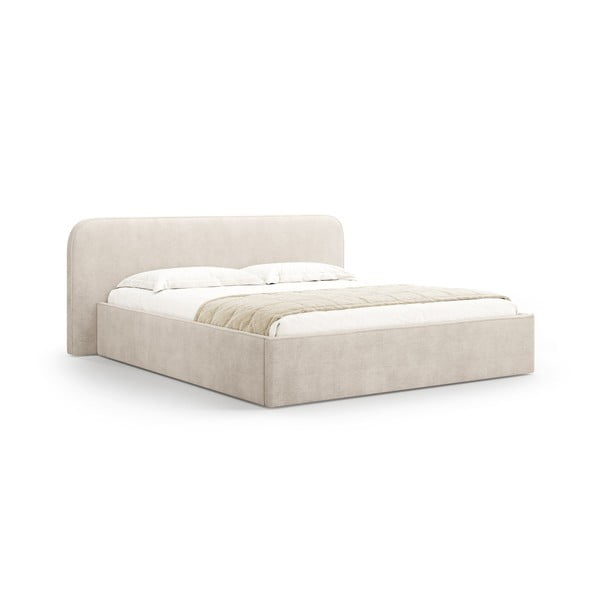 Bēša polsterēta divvietīga gulta ar veļas kasti un redelēm 160x200 cm Elizabeth – Micadoni 