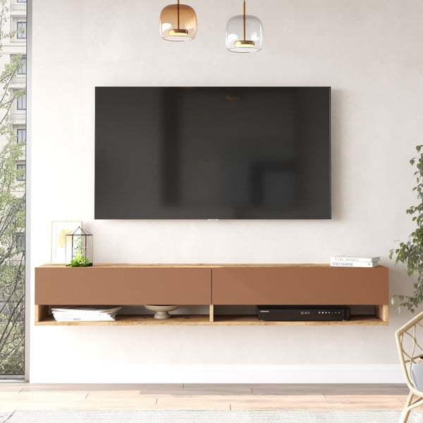 Ķieģeļu sarkans/dabīga toņa TV galdiņš ar priedes koka imitāciju 180x29x32 cm – Kalune Design-image-2