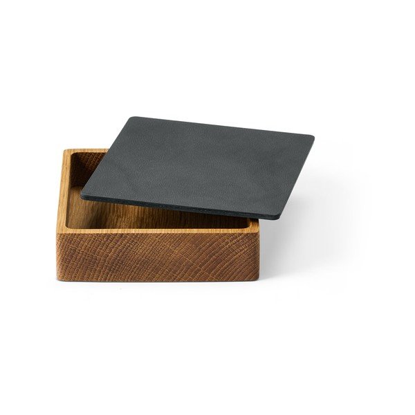Antracīta pelēka/dabīga toņa dekoratīva koka/ekoloģiskās ādas uzglabāšanas kaste ar vāku 11x11x3,5 cm Square Nupo – LIND DNA-image-1