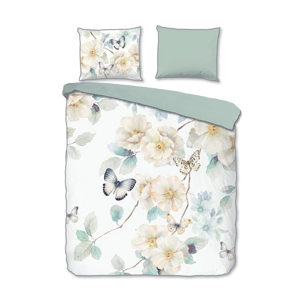 Balta/zaļa divguļamā gultas veļa no kokvilnas satīna 200x220 cm Adiwanya – Descanso