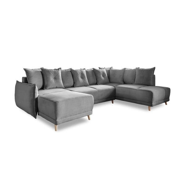 Pelēks velveta salokāms stūra dīvāns (ar labo stūri/U veida) Lazy Lukka – Miuform