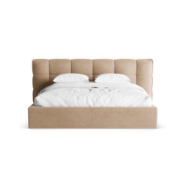 Pelēkbēša polsterēta divvietīga gulta ar veļas kasti un redelēm 160x200 cm Eric – Micadoni -image-4