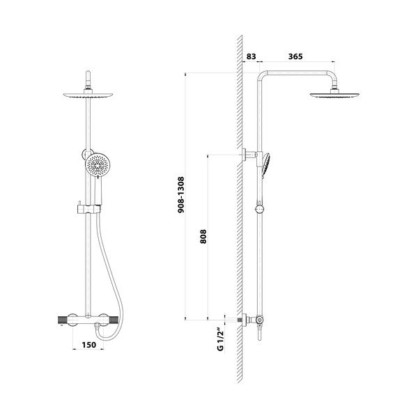 Matēti melns misiņa dušas komplekts ar termostatisko jaucējkrānu ar dušas galvu/ar rokas dušu 131 cm Solaris – Sapho-image-1