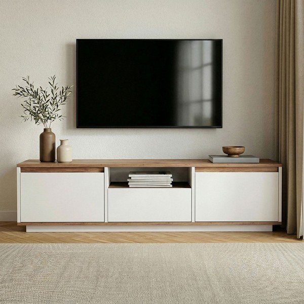 Balts/dabīga toņa TV galdiņš ar priedes koka imitāciju 160x42x30 cm Sentinel – Kalune Design-image-2