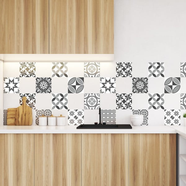 9 sienu uzlīmju komplekts Ambiance Wall Decal Tiles Azulejos Shades of Gray Sotchi, 15 x 15 cm
