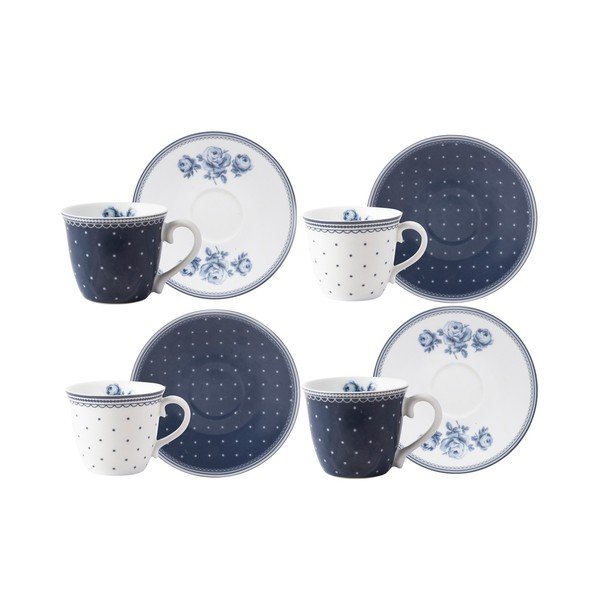4 porcelāna espresso tasīšu komplekts ar apakštasītēm Creative Tops Vintage Indigo