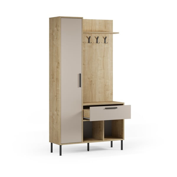 Krēmkrāsas/dabīga toņa priekšnama iekārta ar ozolkoka imitāciju 108x195x35 cm Heidy – Marckeric-image-3