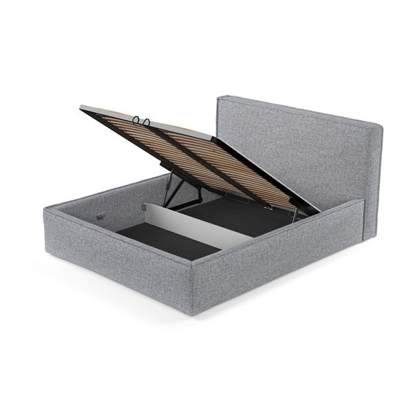 Pelēka polsterēta divvietīga gulta ar veļas kasti ar redelēm 160x200 cm Lounge L – Maison de Rêve-image-4
