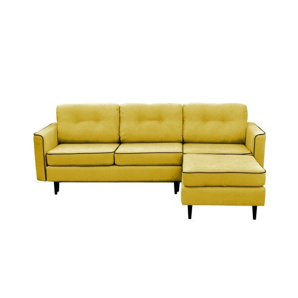 Dzeltens trīsvietīgs izlaižams stūra dīvāns ar melnām kājām Mazzini Sofas Dragonfly, labais stūris