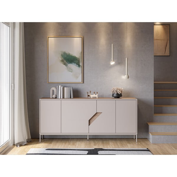 Krēmkrāsas/dabīga toņa kumode ar ozolkoka imitāciju 180x80x40 cm Lilou – Marckeric-image-1