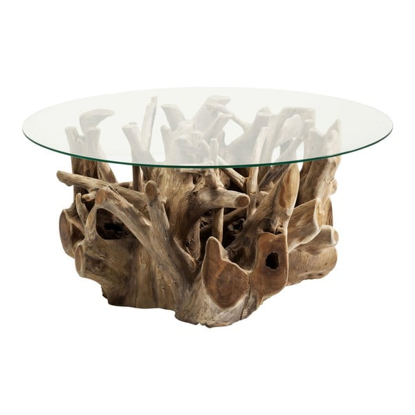 Stikla kafijas galdiņš ar tīkkoka pamatni Kare Design Roots, Ø 100 cm