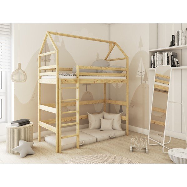 Paaugstināta bērnu gulta no priedes koka ar jumtiņu 70x160 cm Gloria – Lano Meble-image-1