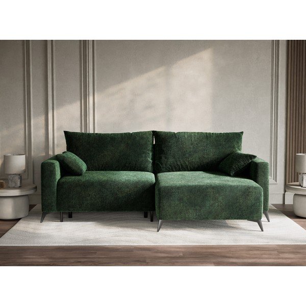 Tumši zaļš salokāms stūra dīvāns no šenila auduma ar uzglabāšanas vietu (ar labo stūri/ar zvilni) Leon – Maison de Rêve-image-1