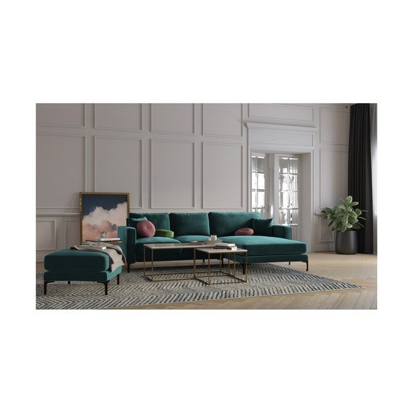 Tirkīzzils samta stūra dīvāns Kooko Home Harmony, labais stūris-image-4
