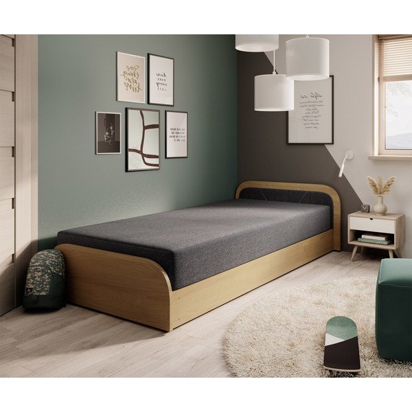 Okera dzeltena/tumši pelēka polsterēta/no skaidu plāksnēm vienvietīga gulta ar veļas kasti un ar matraci 80x190 cm Parys – ELTAP-image-1