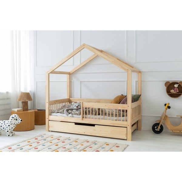 Dabīga toņa priedes masīvkoka bērnu gulta mājas formā/izvelkama ar veļas kasti 140x200 cm Mila RMW – Adeko-image-1