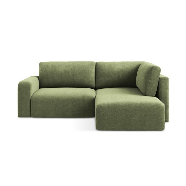 Zaļš salokāms stūra dīvāns no šenila auduma ar uzglabāšanas vietu (ar labo stūri/L veida) Kona – Makamii