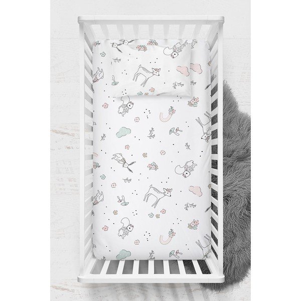 Balts bērnu palaga un spilvendrānas komplekts no ranforce kokvilnas ar gumiju 70x120 cm Flowers – Mijolnir-image-1