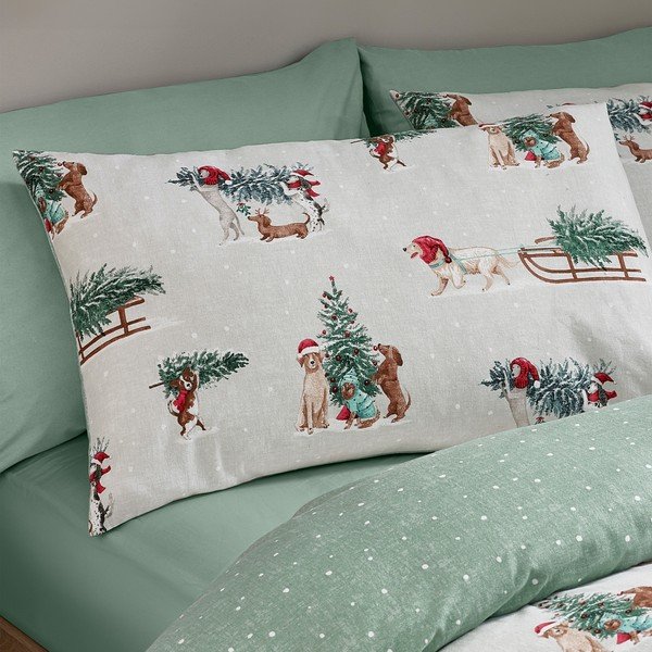 Zaļa/dabīga toņa divguļamā flaneļa gultas veļa 200x200 cm Brushed Christmas Dogs – Catherine Lansfield-image-3