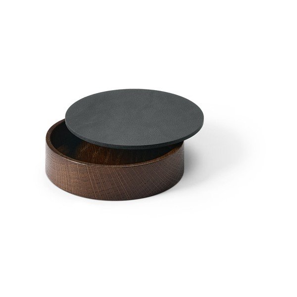 Antracīta pelēka/brūna dekoratīva koka/ekoloģiskās ādas uzglabāšanas kaste ar vāku ø 11x3,5 cm Circle Nupo – LIND DNA-image-1