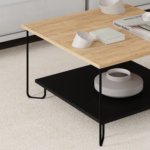 Melns/dabīga toņa žurnālgaldiņš ar ozolkoka imitācijas galda virsmu 80x80 cm Tonka – Marckeric-image-1