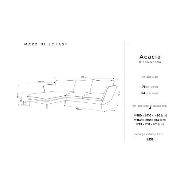 Gaiši pelēks samta stūra dīvāns Mazzini Sofas Acacia, kreisais stūris-image-3
