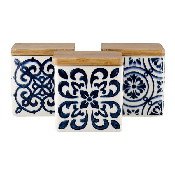 3 keramikas trauku komplekts ar bambusa vāku un zilu rakstu Ladelle Coventry