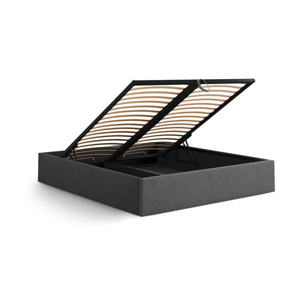 Antracīta pelēka polsterēta divvietīga gulta ar veļas kasti/bez galvgaļa ar redelēm 200x200 cm Susan – Micadoni -image-3